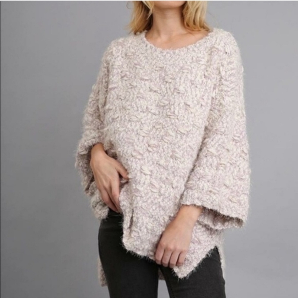 Umgee Chunky 3/4 Sleeve High Low Hem Line Sweater IVORY  Lavender Size Small